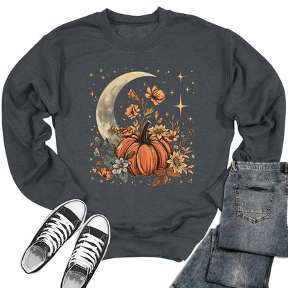 Floral Pumpkin Crescent Moon Fall Crewneck Sweatshirt