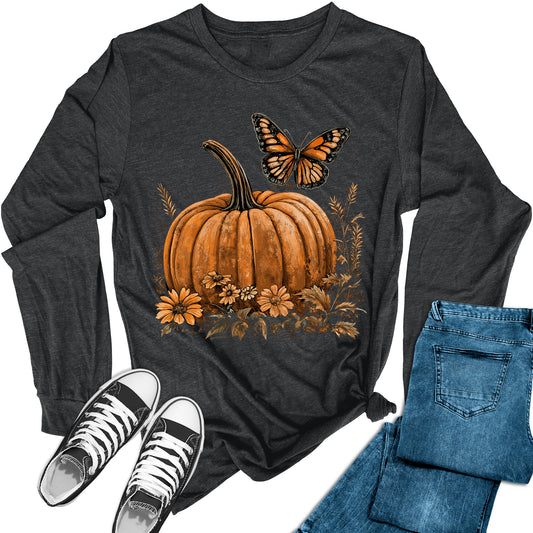 Women's Fall Pumpkin Butterfly Long Sleeve Graphic Tees