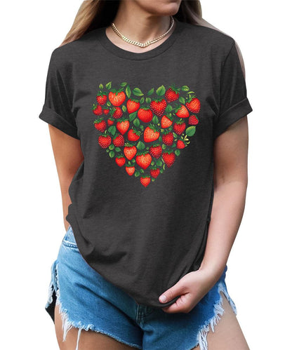 Trendy Strawberry Heart Graphic Tees For Women