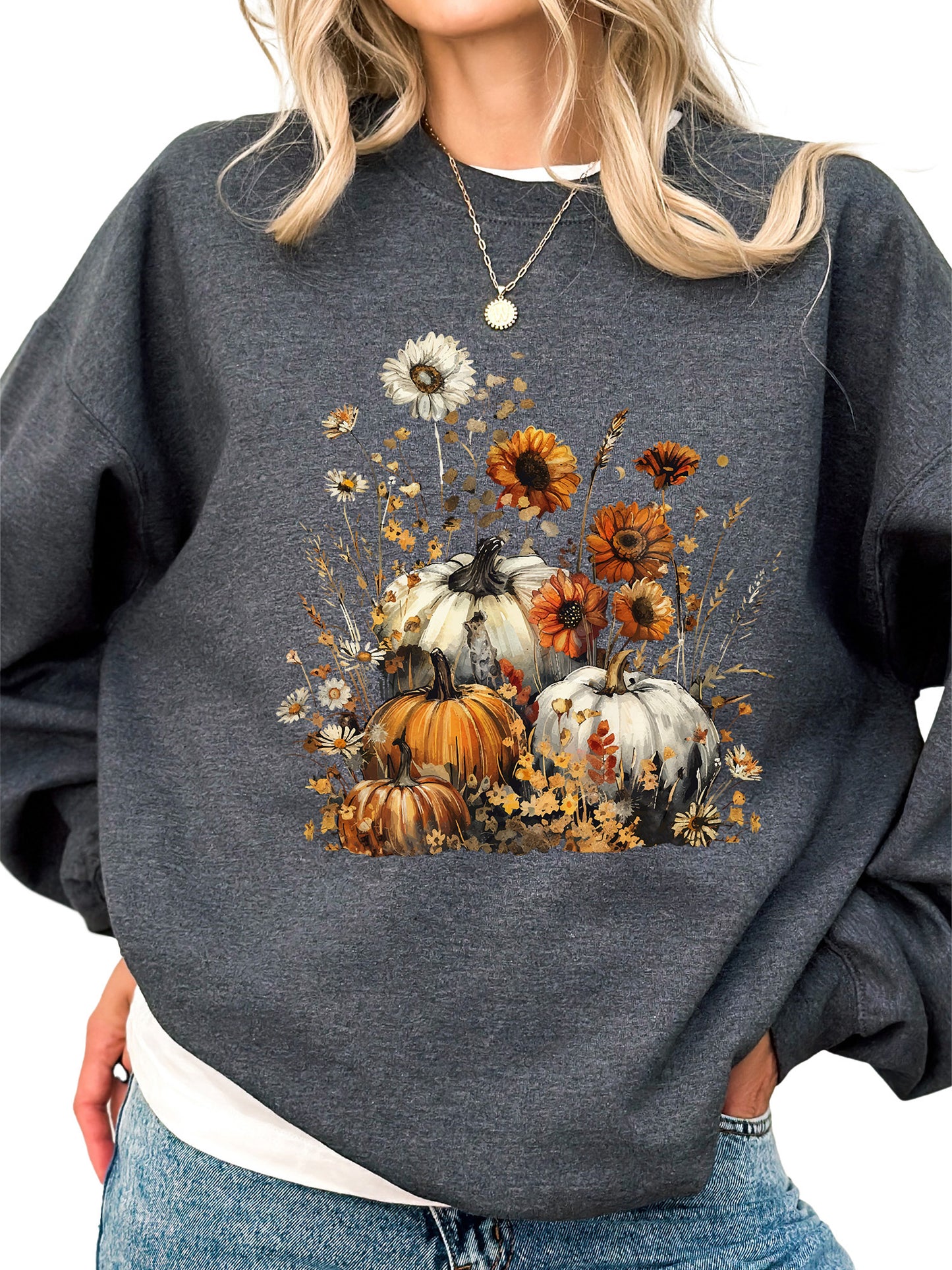 Women's Fall Floral Pumpkin Flowers Crewneck Sweatshirt