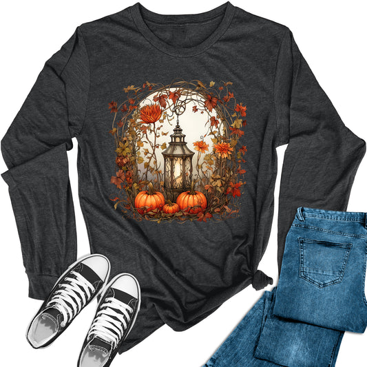 Women's Fall Lantern Pumpkin Long Sleeve Graphic Tees