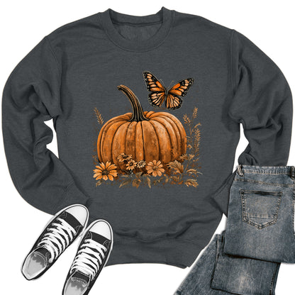 Fall Pumpkin Butterfly Flower Crewneck Sweatshirt