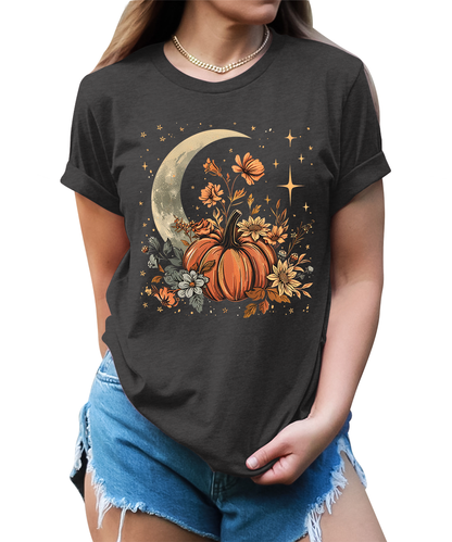 Fall Floral Pumpkin Moon Stars Graphic Tees for Women