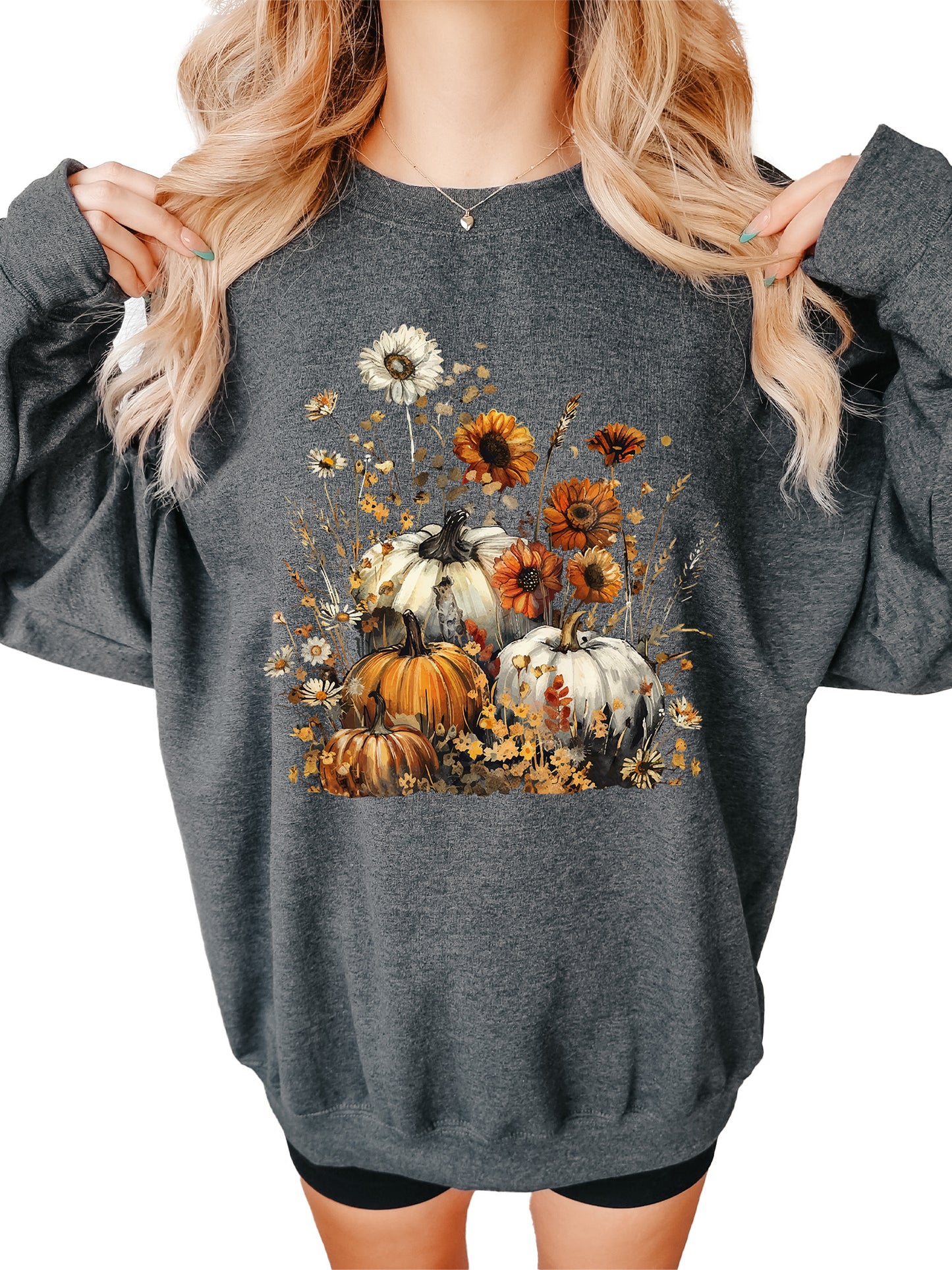 Women's Fall Floral Pumpkin Flowers Crewneck Sweatshirt