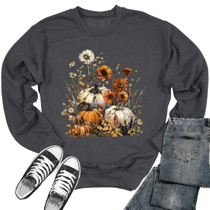 Women's Fall Floral Pumpkin Flowers Crewneck Sweatshirt