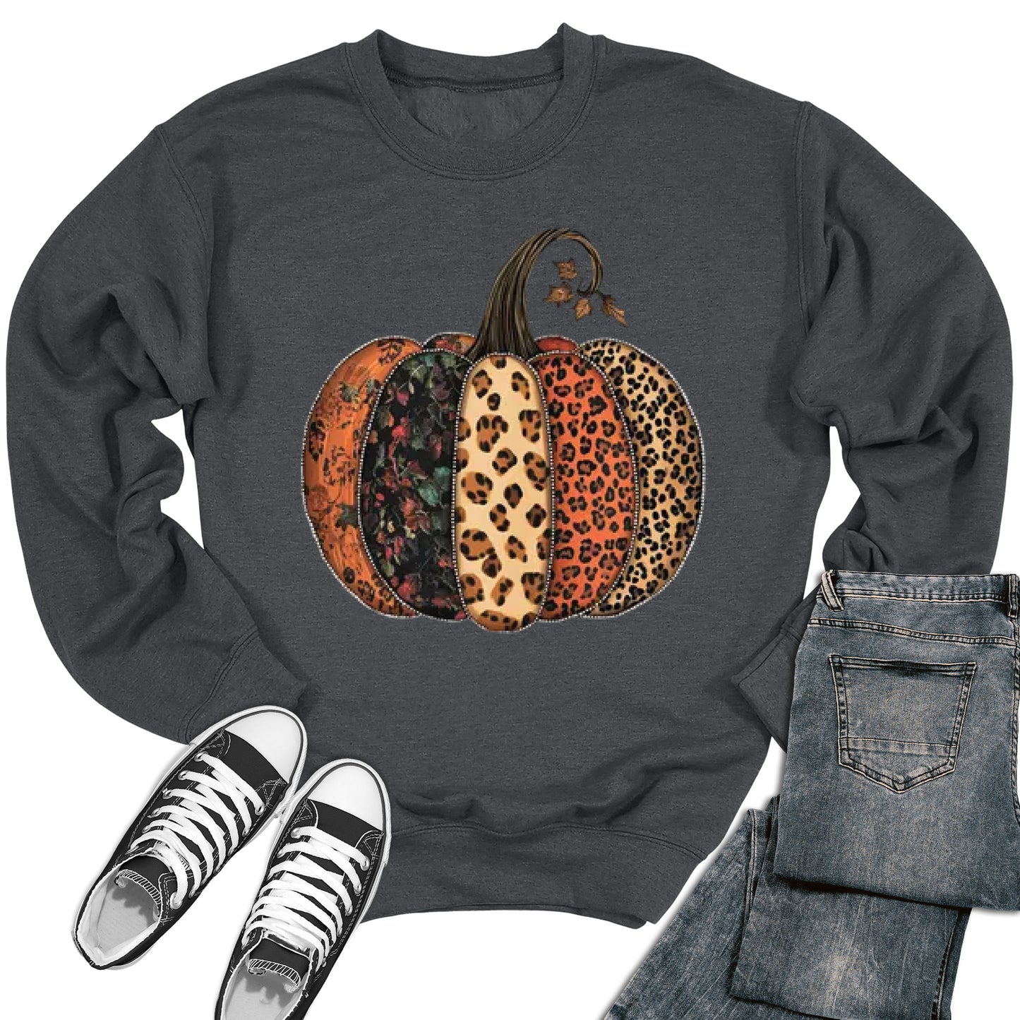 Women's Fall Leopard Print Pumpkin Thanksgiving Crewneck Sweatshirt