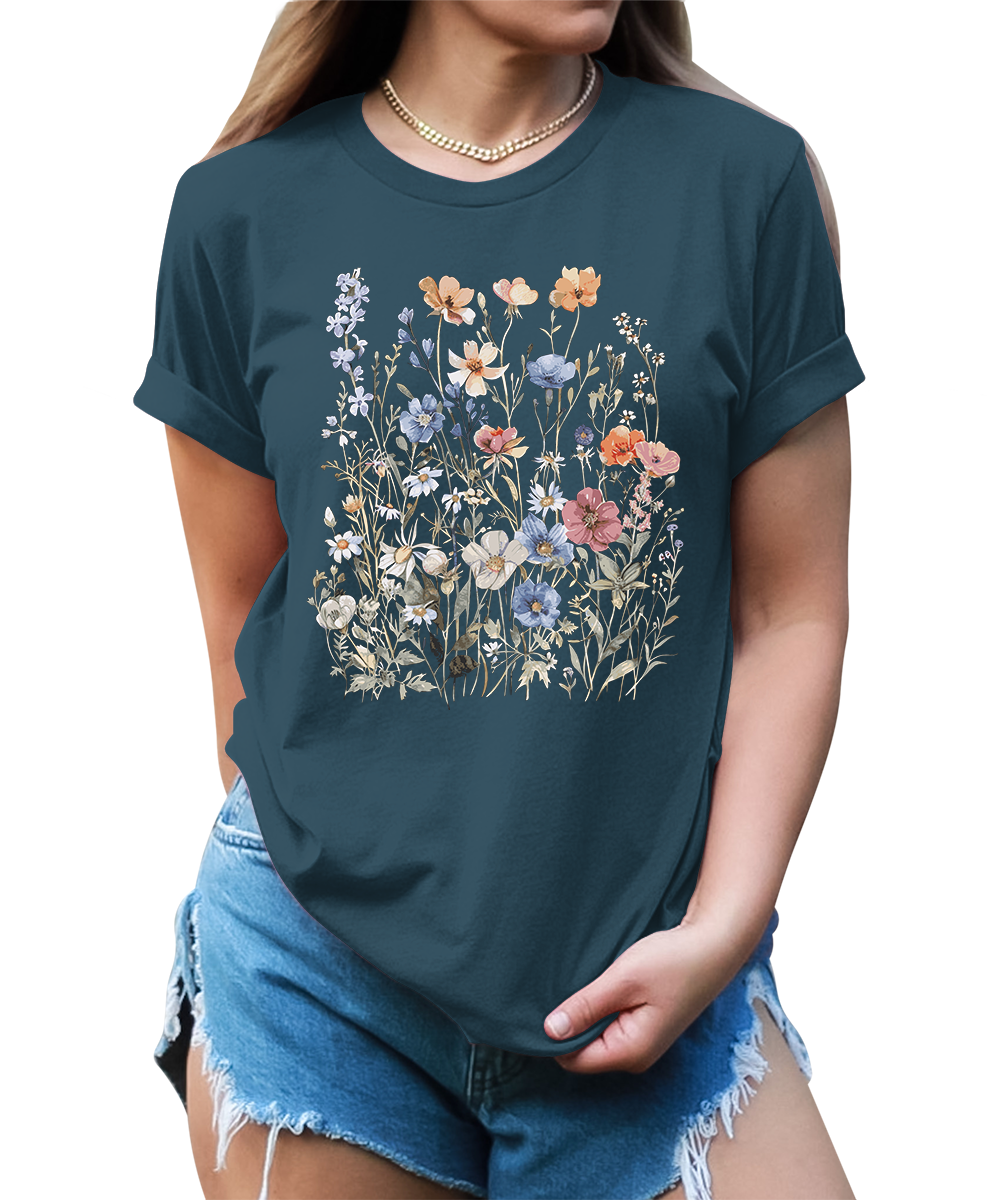 Women's Vintage Floral T Shirt Boho Wildflower Graphic Short Sleeve Tops