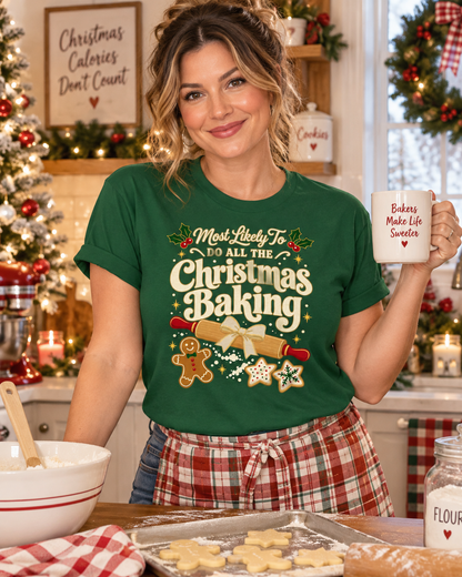 Most Likely To Do All The Christmas Baking women's Bella tee - Evergreen, lifestyle front