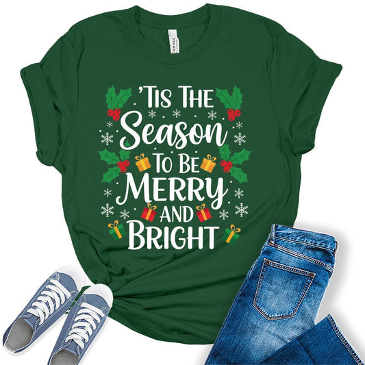 Christmas Shirts For Women Tis The Season To Be Merry T Shirts Bella Graphic Tees Plus Size Tops