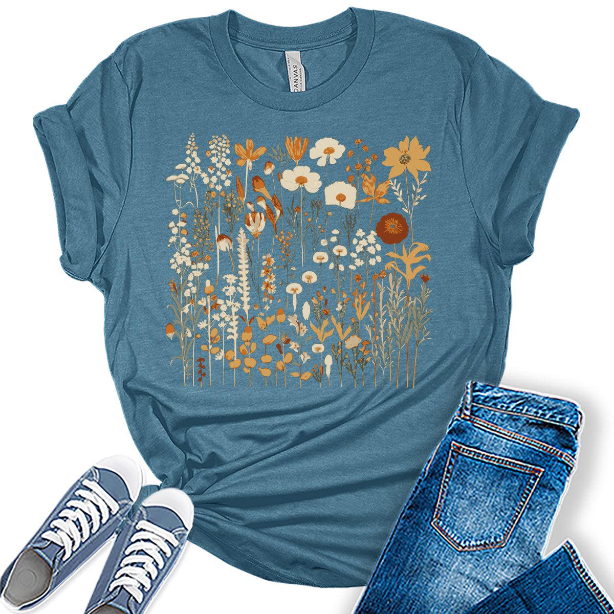 Womens Graphic T Shirt Vintage Floral Shirt Boho Flower Tee Fall Cottagecore Shirts