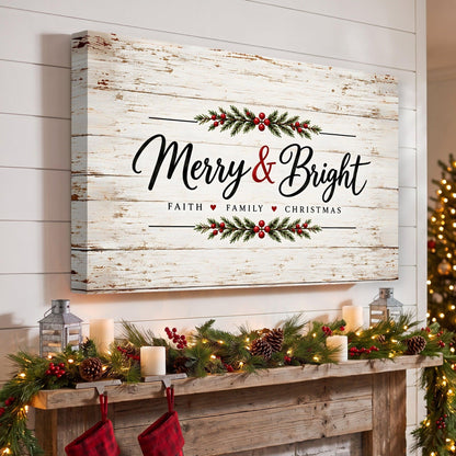 Merry & Bright Faith Family Christmas Canvas Wall Art – Farmhouse Christmas Sign Decor, Horizontal 12x8 24x16 36x24
