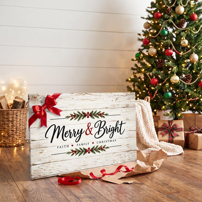 Merry & Bright Faith Family Christmas Canvas Wall Art – Farmhouse Christmas Sign Decor, Horizontal 12x8 24x16 36x24