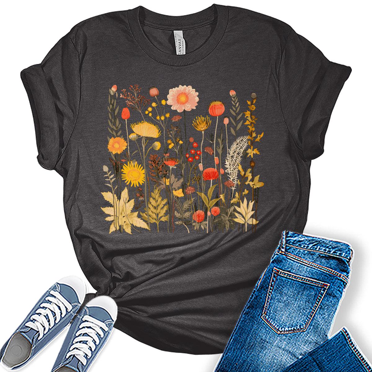 Womens Graphic T Shirt Vintage Floral Shirt Boho Flower Tee Fall Cottagecore Shirts