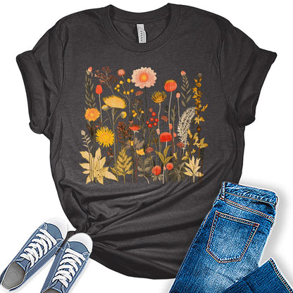 Womens Graphic T Shirt Vintage Floral Shirt Boho Flower Tee Fall Cottagecore Shirts