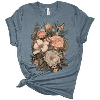 Vintage Floral Graphic Tees for Women Cottagecore Aesthetic Butterfly Shirts Boho Top for Teen Girls