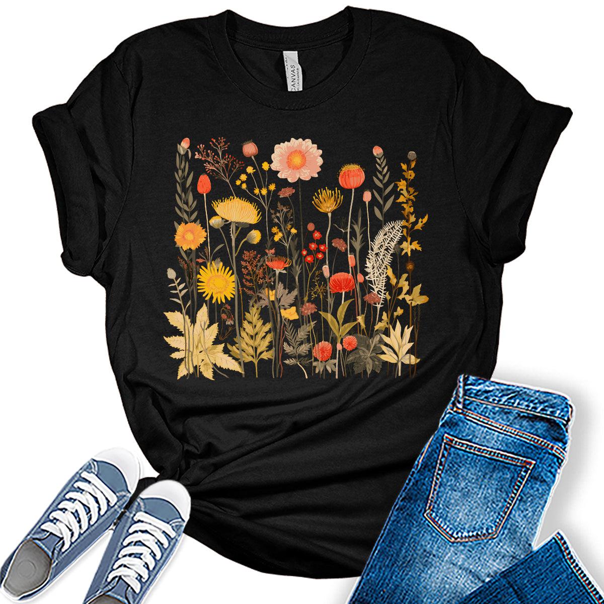 Womens Graphic T Shirt Vintage Floral Shirt Boho Flower Tee Fall Cottagecore Shirts