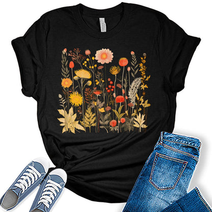 Womens Graphic T Shirt Vintage Floral Shirt Boho Flower Tee Fall Cottagecore Shirts