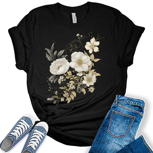 Womens Trendy Flower Graphic T Shirt Vintage Floral Shirt Boho Flower Tee Fall Cottagecore Shirts