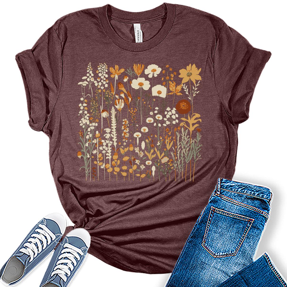 Womens Graphic T Shirt Vintage Floral Shirt Boho Flower Tee Fall Cottagecore Shirts