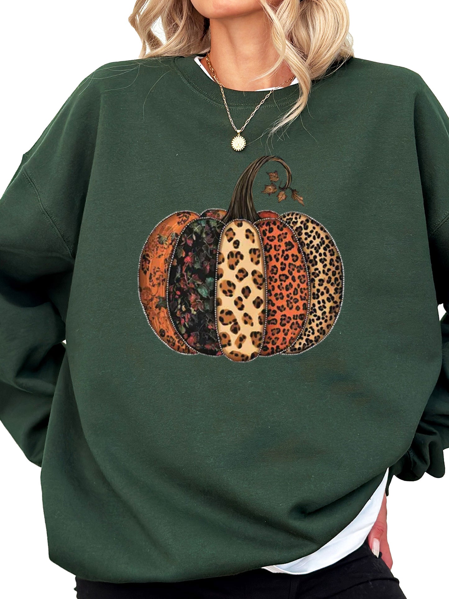 Women's Fall Leopard Print Pumpkin Thanksgiving Crewneck Sweatshirt