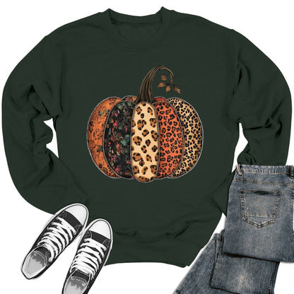 Women's Fall Leopard Print Pumpkin Thanksgiving Crewneck Sweatshirt