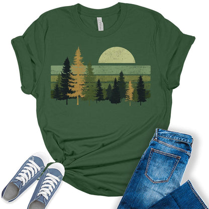 Camping T-Shirt for Women Vintage Trees Wildlife Nature Tops Forest Graphic Tee Casual Shirt