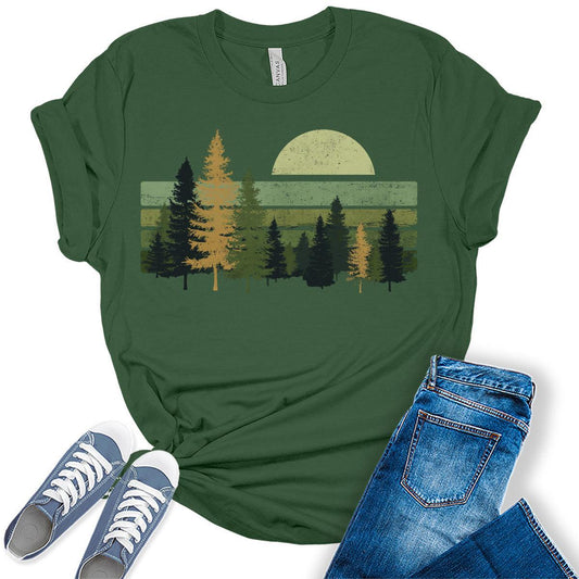 Camping T-Shirt for Women Vintage Trees Wildlife Nature Tops Forest Graphic Tee Casual Shirt