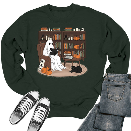 Women's Halloween Cute Ghost Reading Crewneck Sweatshirt