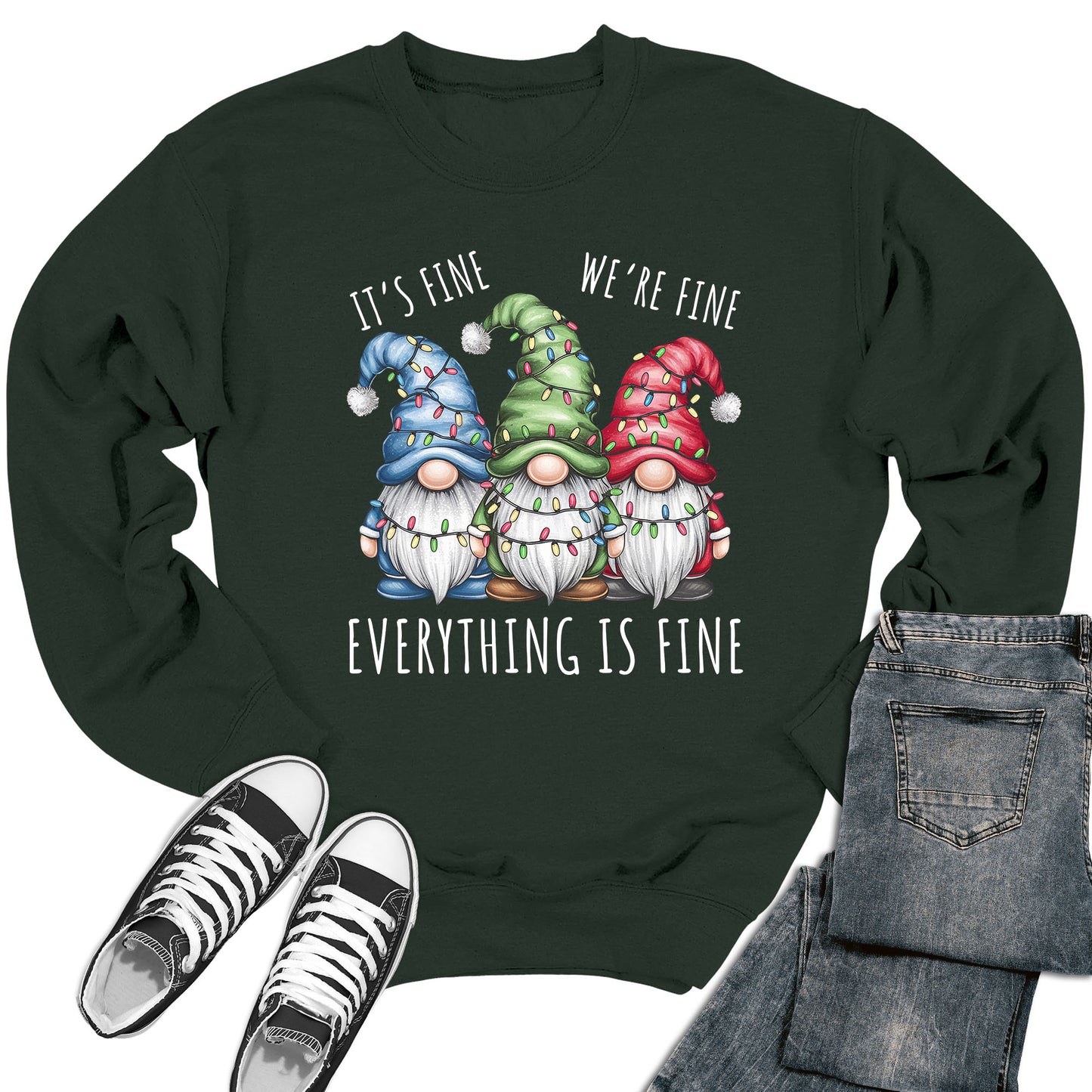 Women's It's Fine We're Fine Christmas Gnomes Crewneck Sweatshirt