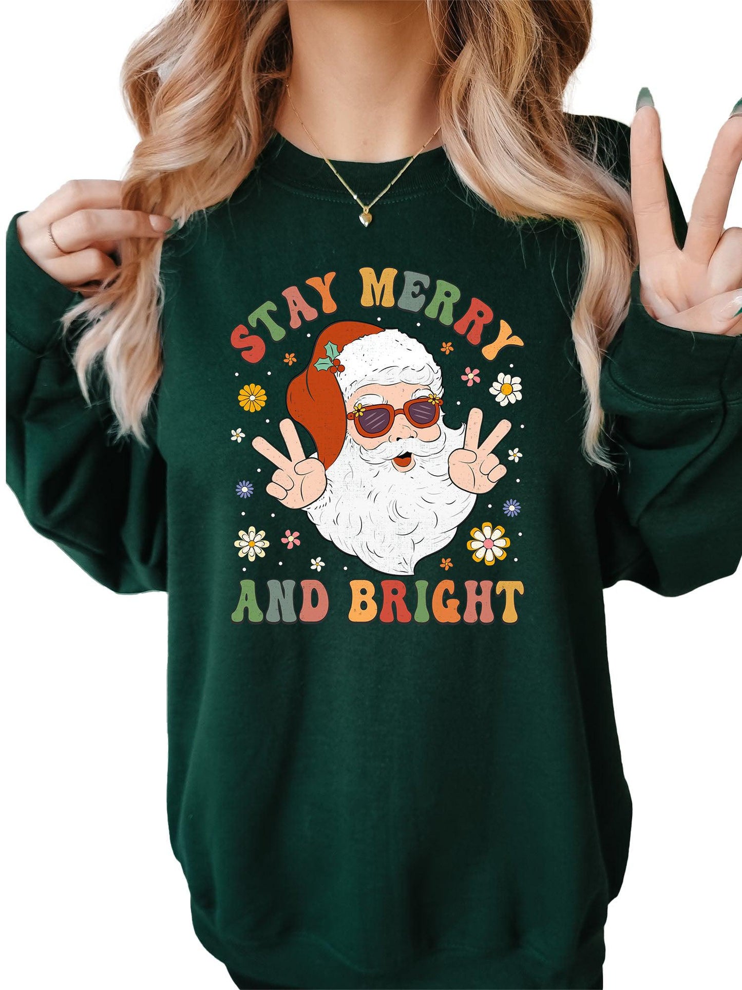 Women's Stay Merry and Bright Groovy Santa Crewneck Sweatshirt