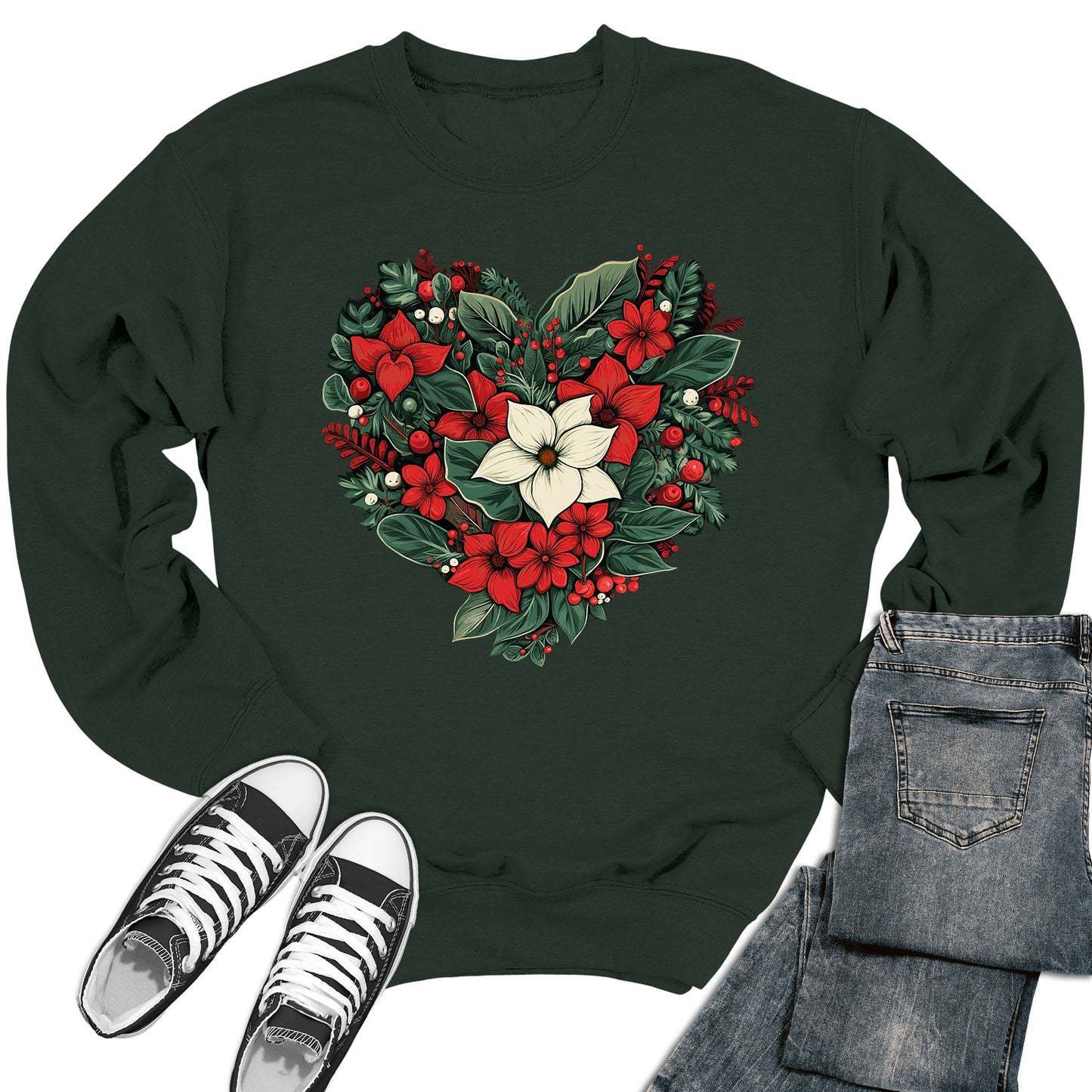 Women's Poinsetta Christmas Heart Crewneck Sweatshirt