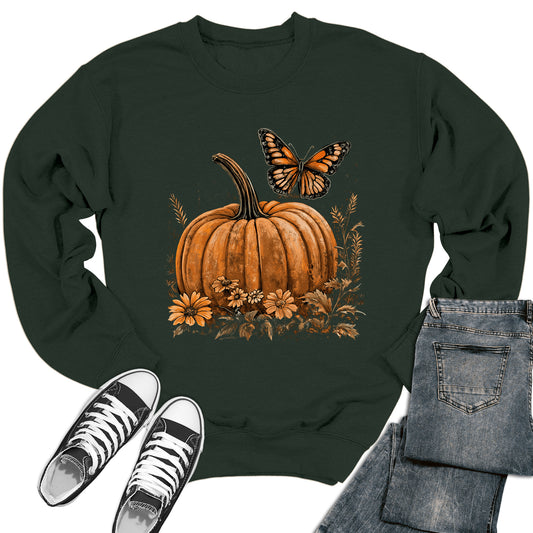 Fall Pumpkin Butterfly Flower Crewneck Sweatshirt