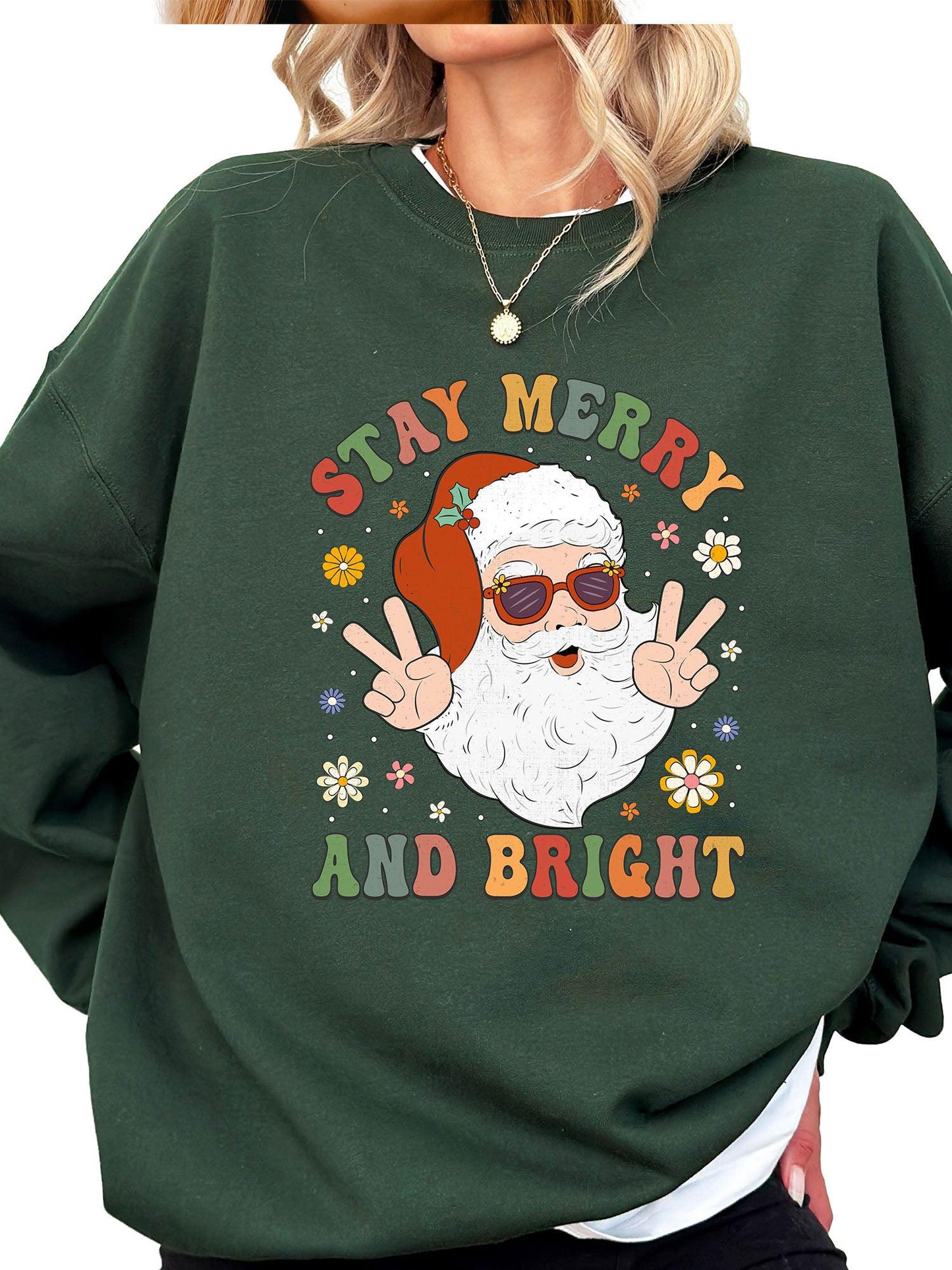 Women's Stay Merry and Bright Groovy Santa Crewneck Sweatshirt