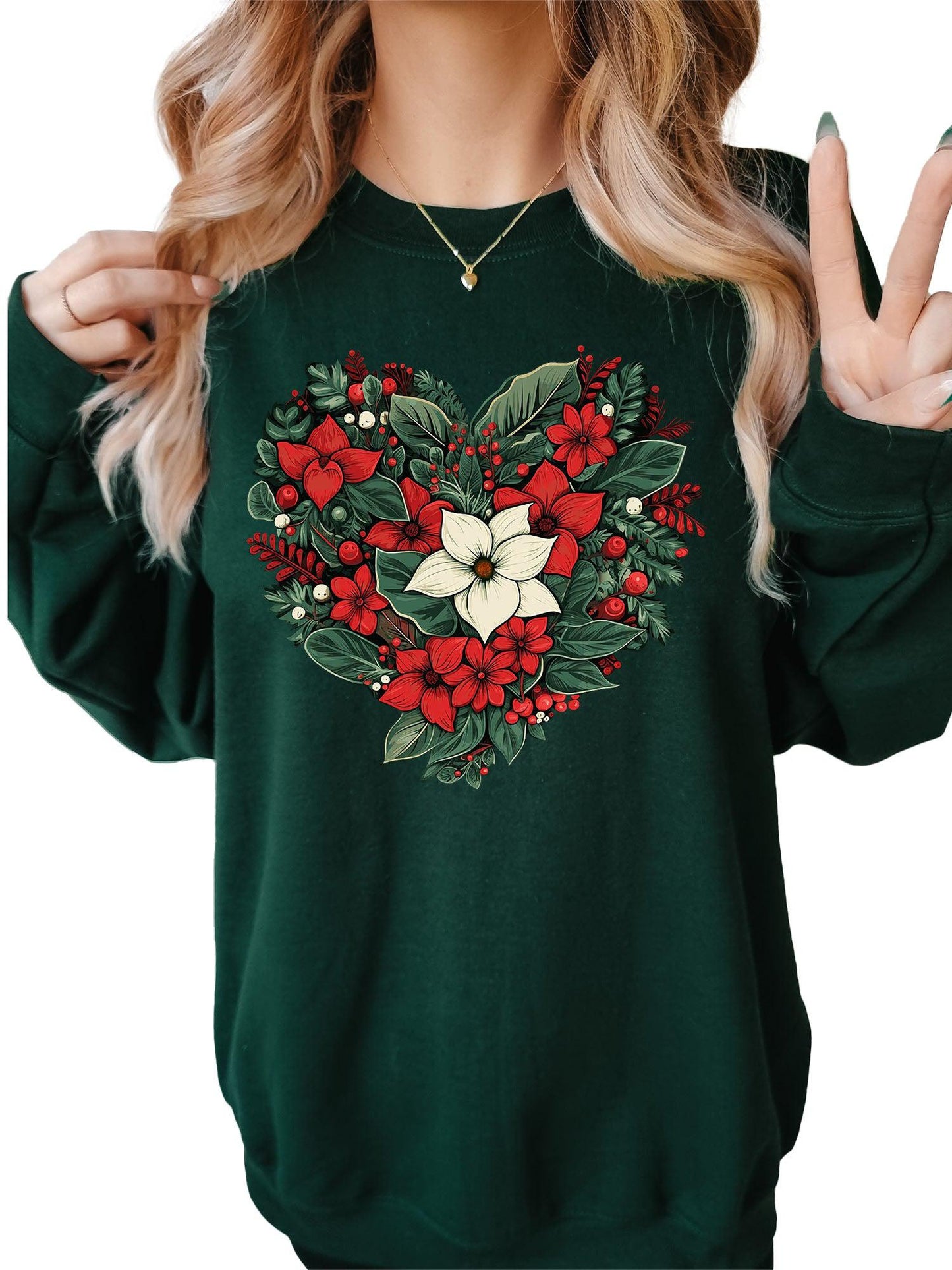 Women's Poinsetta Christmas Heart Crewneck Sweatshirt