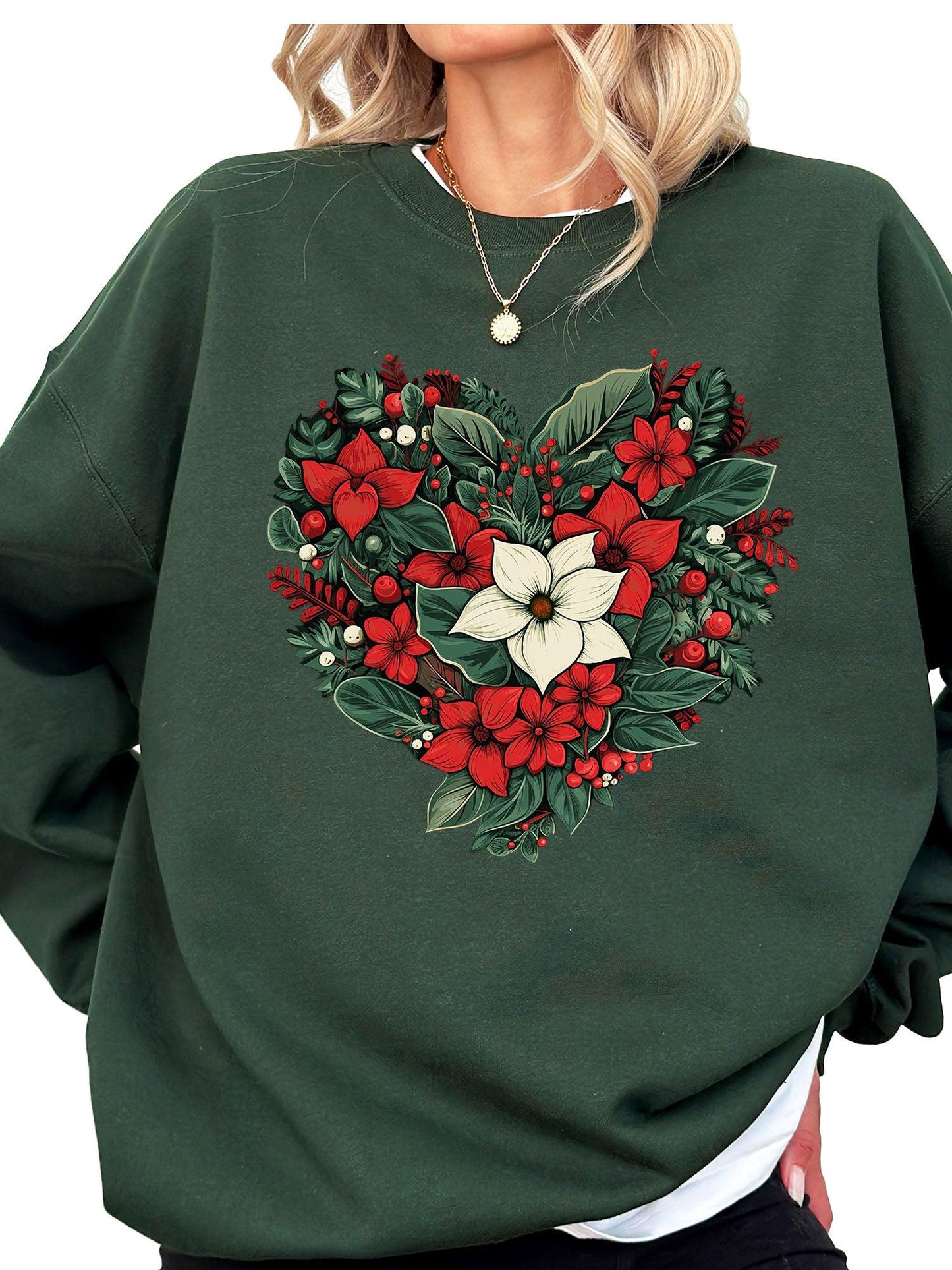 Women's Poinsetta Christmas Heart Crewneck Sweatshirt