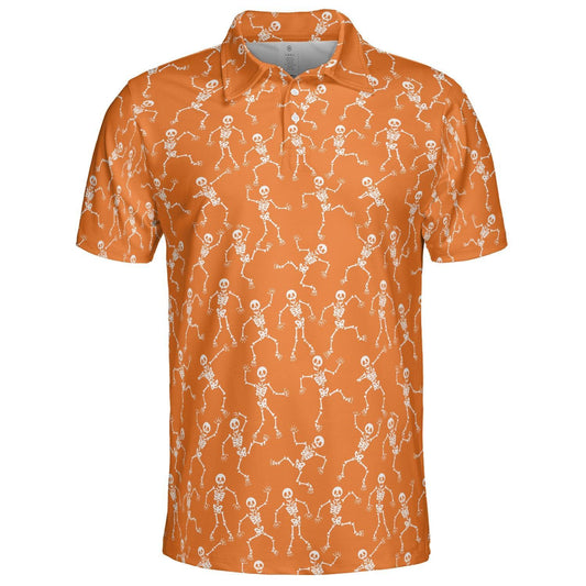 Halloween Skeleton Polo Shirt for Men Orange White Moisture Wicking Short Sleeve Golf Top