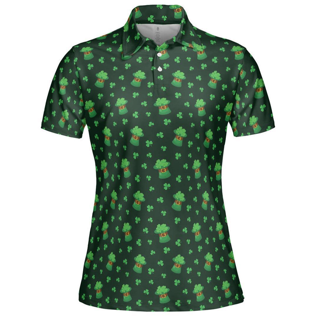 St Patricks Day Polo Golf Shirt for Women Lucky Clover Shamrock Hat Moisture Wicking Short Sleeve Top