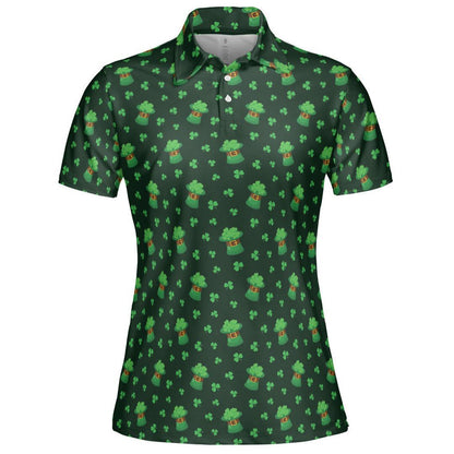 St Patricks Day Polo Golf Shirt for Women Lucky Clover Shamrock Hat Moisture Wicking Short Sleeve Top