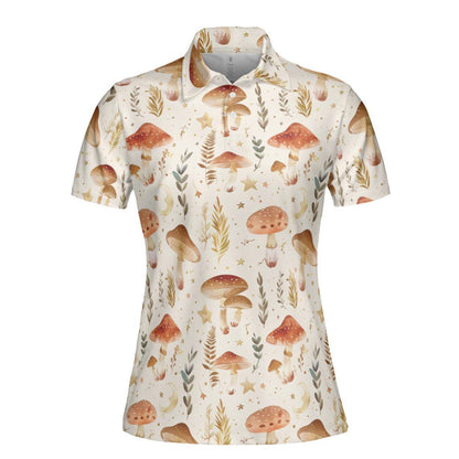 Cottagecore Polo Golf Shirt for Women Mushroom Forest Aesthetic Boho Nature Lover Outfit Moisture Wicking Short Sleeve Top
