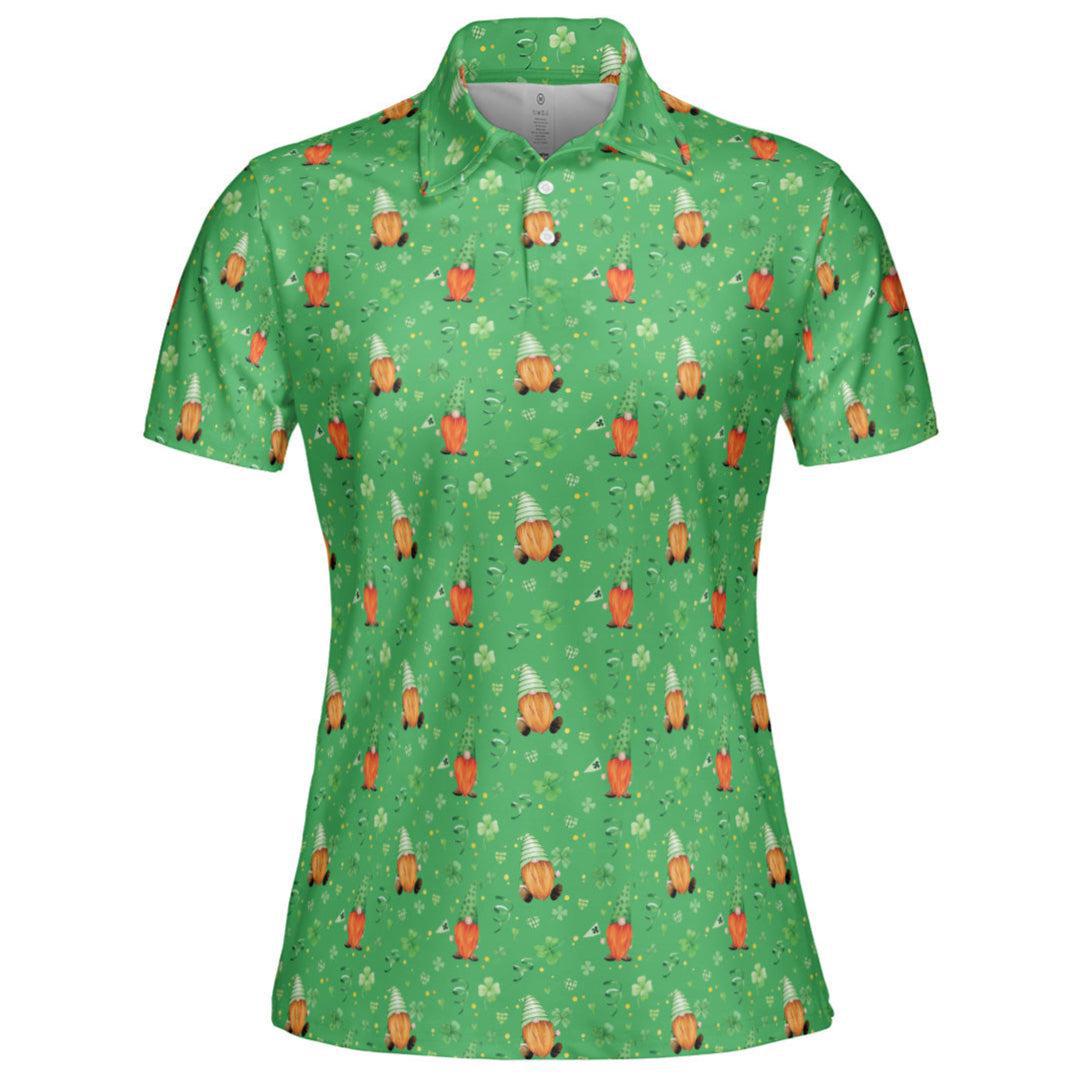 St Patricks Day Polo Golf Shirt for Women Irish Gnome Clover Pattern Moisture Wicking Short Sleeve Top