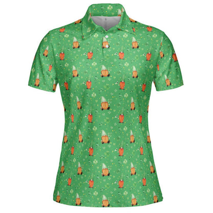 St Patricks Day Polo Golf Shirt for Women Irish Gnome Clover Pattern Moisture Wicking Short Sleeve Top
