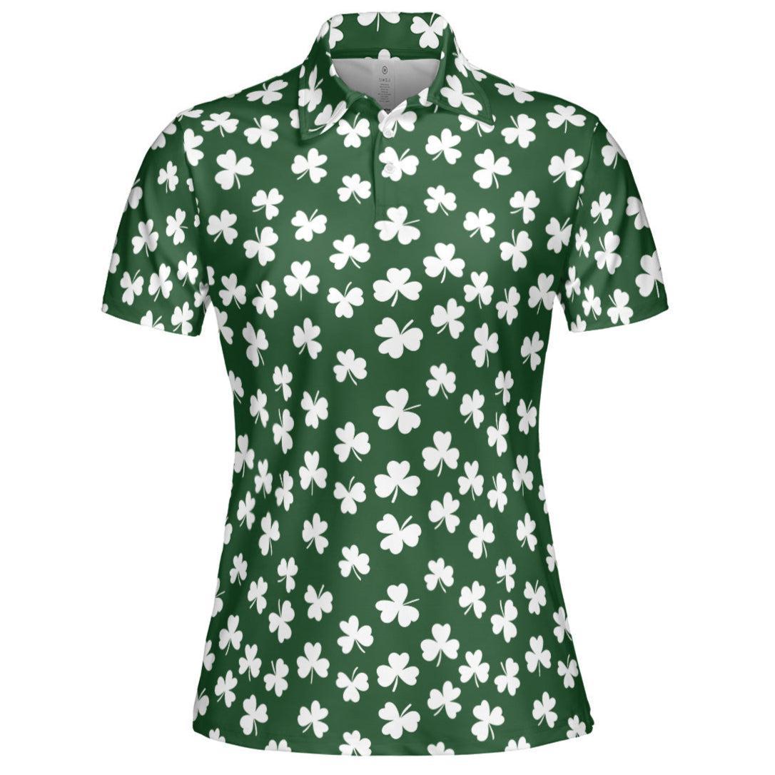 St Patricks Day Polo Golf Shirt for Women White Shamrock Clover Pattern Moisture Wicking Short Sleeve Top