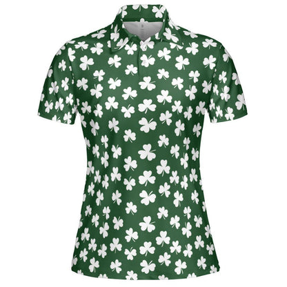 St Patricks Day Polo Golf Shirt for Women White Shamrock Clover Pattern Moisture Wicking Short Sleeve Top