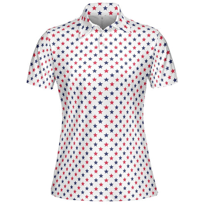 4th of July White Polo Patriotic Golf Shirt for Women Red and Blue Stars Moisture Wicking Summer Top