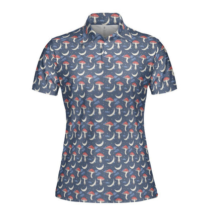 Cottagecore Polo Golf Shirt for Women Mushroom Moon Aesthetic Fantasy Moisture Wicking Short Sleeve Top
