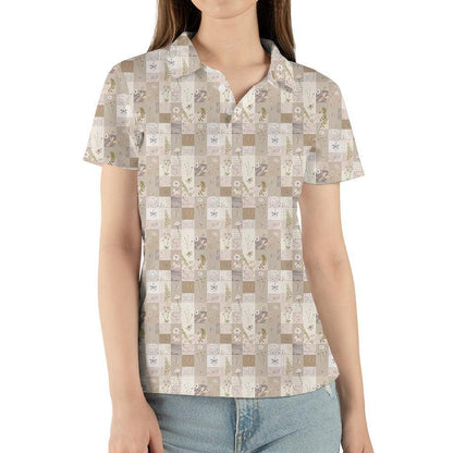 Cottagecore Polo Golf Shirt for Women Patchwork Aesthetic Vintage Floral Country Moisture Wicking Short Sleeve Top