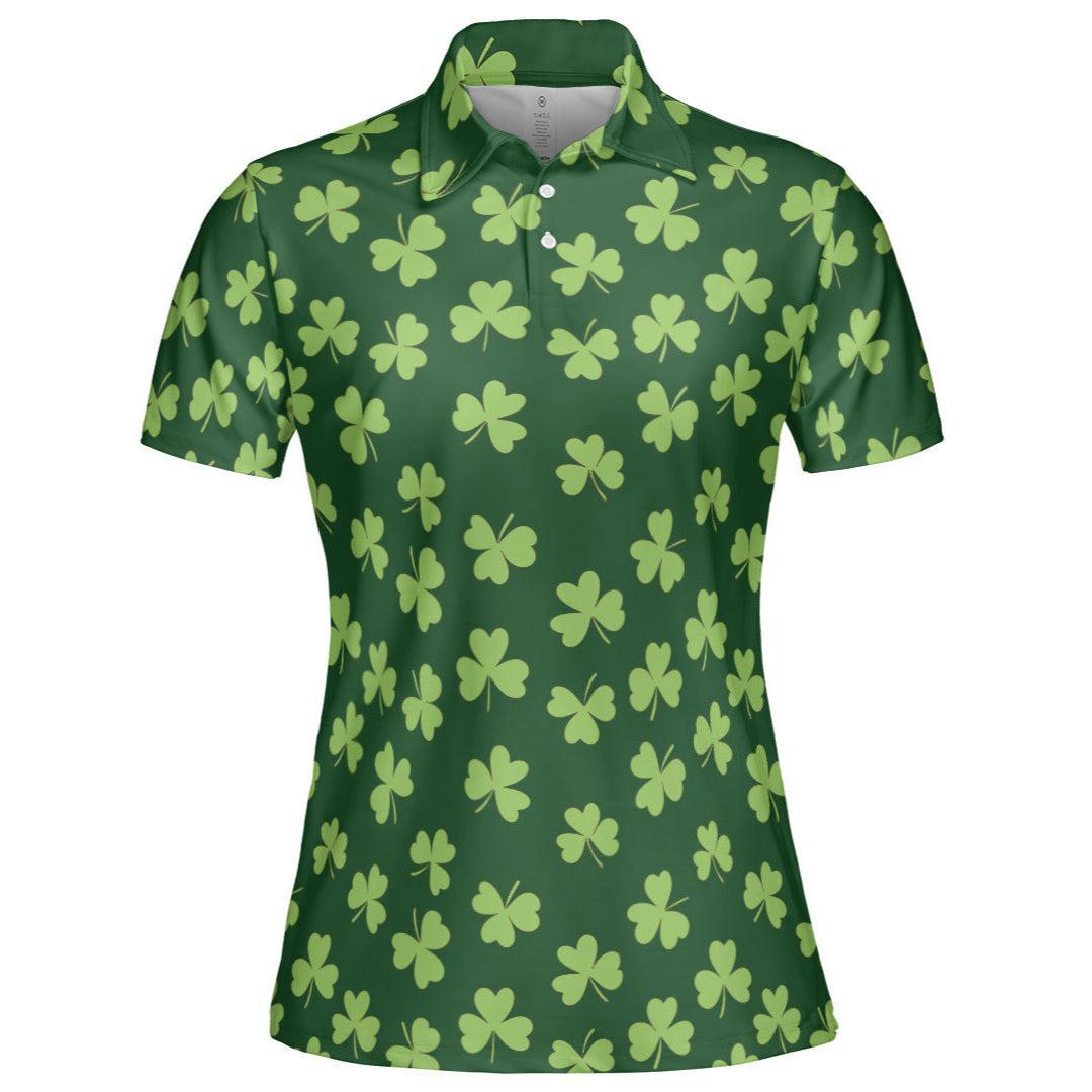 St Patricks Day Polo Golf Shirt for Women Dark Green Shamrock Clover Print Moisture Wicking Short Sleeve Top