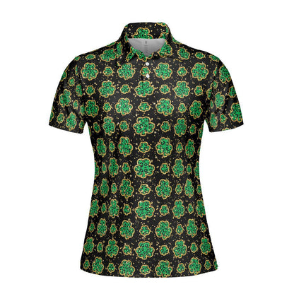 St Patricks Day Polo Golf Shirt for Women Lucky Four Leaf Clover Gold Accents Moisture Wicking Short Sleeve Top