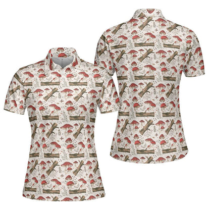 Cottagecore Polo Golf Shirt for Women Mushroom Log Print Vintage Moisture Wicking Short Sleeve Top
