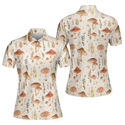 Cottagecore Polo Golf Shirt for Women Mushroom Forest Aesthetic Boho Nature Lover Outfit Moisture Wicking Short Sleeve Top